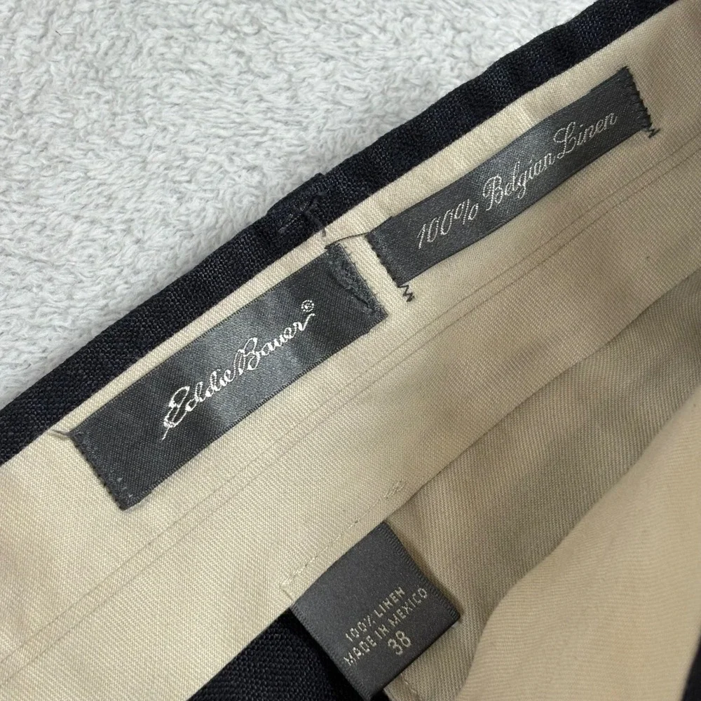 Eddie Bauer Mens Belgian Linen Pleated Cuffed Trousers Navy Blue Relaxed Fit 38